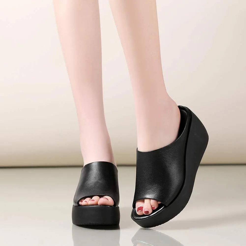 ANUFER Women's Peep Toe Mules Platform Wedge Heel Genuine Leather Summer Hollowed Slippers