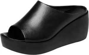 ANUFER Women's Peep Toe Mules Platform Wedge Heel Genuine Leather Summer Hollowed Slippers