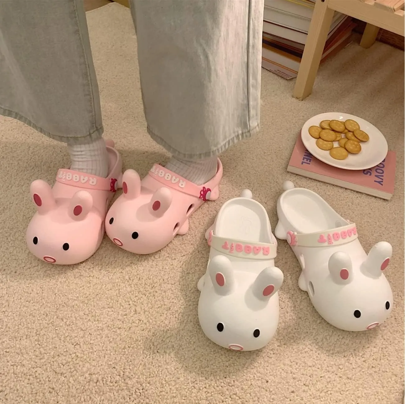 Aoakva Kawaii Slippers Kawaii Clogs Mules for Girls Women Cute Bunny Summer Shower Slippers Non-Slip Beach Shoes PVC Soft Durable