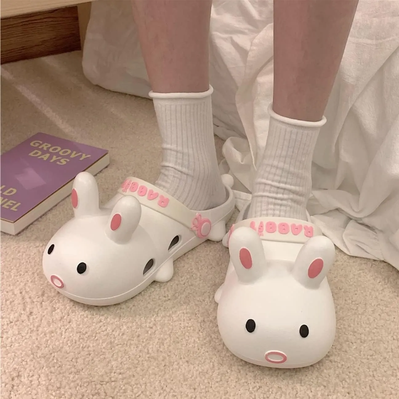 Aoakva Kawaii Slippers Kawaii Clogs Mules for Girls Women Cute Bunny Summer Shower Slippers Non-Slip Beach Shoes PVC Soft Durable