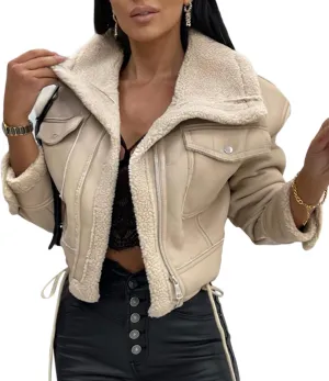 Aonoapll Women Faux Leather Sherpa Moto Jacket Lapel Fleece Lining Crop Leather Coat Y2k Shearling Bomber Jacket Streetwear