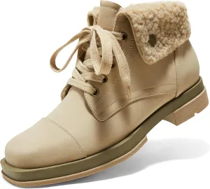 Arromic Winter Warm Fur Lined Ankle Boots for Women Lace Up anti-slip Combat Side Zipper Square Toe Low Heel Booties