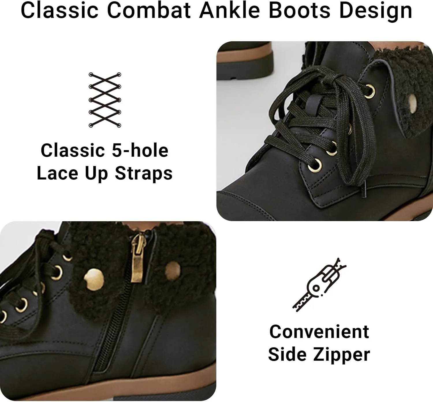 Arromic Winter Warm Fur Lined Ankle Boots for Women Lace Up anti-slip Combat Side Zipper Square Toe Low Heel Booties