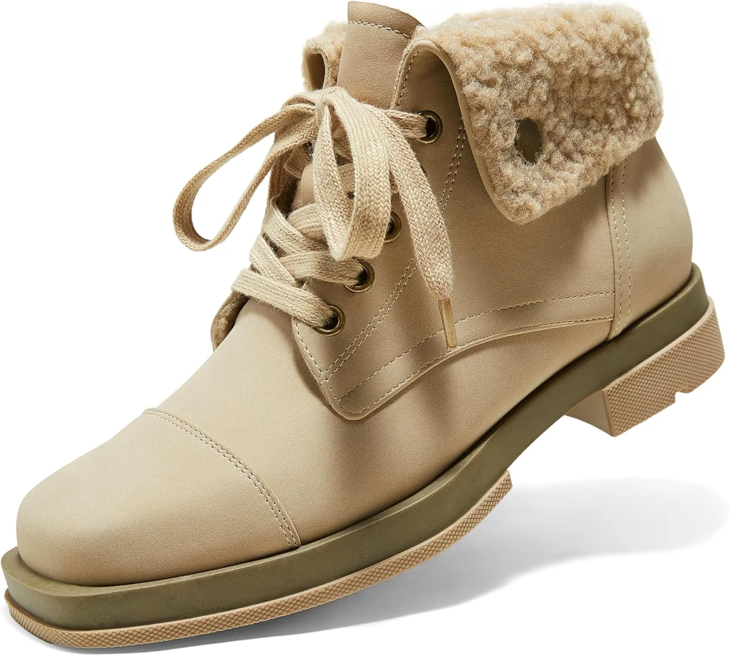 Arromic Winter Warm Fur Lined Ankle Boots for Women Lace Up anti-slip Combat Side Zipper Square Toe Low Heel Booties