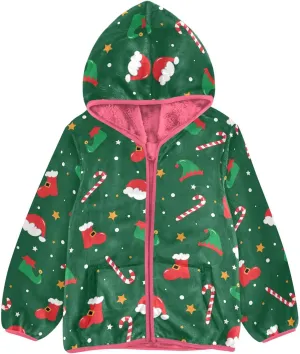 Aslsiy Christmas Santa Boots Elf Hat Shoes Girls Jacket With Hood Candy Cane Toddler Coat Zip Up Hoodie Outerwear