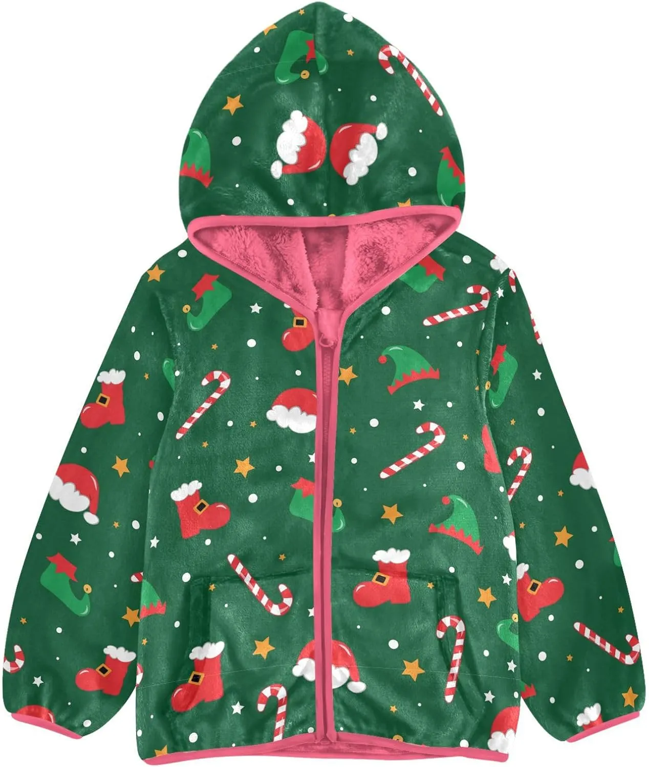 Aslsiy Christmas Santa Boots Elf Hat Shoes Girls Jacket With Hood Candy Cane Toddler Coat Zip Up Hoodie Outerwear