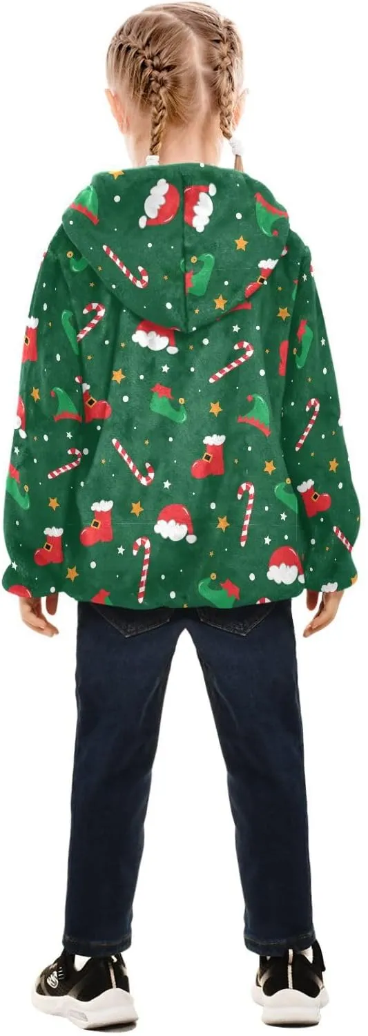 Aslsiy Christmas Santa Boots Elf Hat Shoes Girls Jacket With Hood Candy Cane Toddler Coat Zip Up Hoodie Outerwear