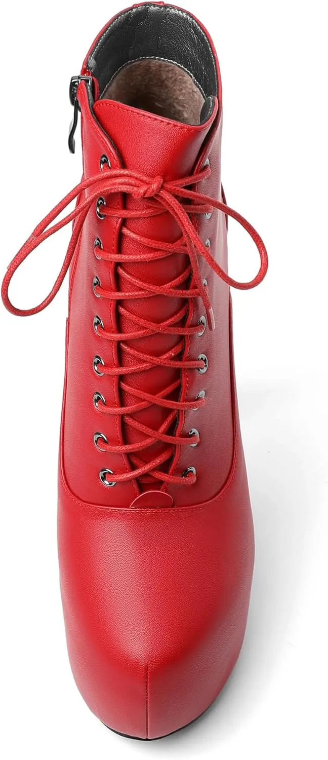 AUMOTED Women's Ankle Boots Platform Round Toe Combat Boots Stiletto High Heel Booties Sexy Fashion 6.3" Lace Up Zipper Warm Short Boots