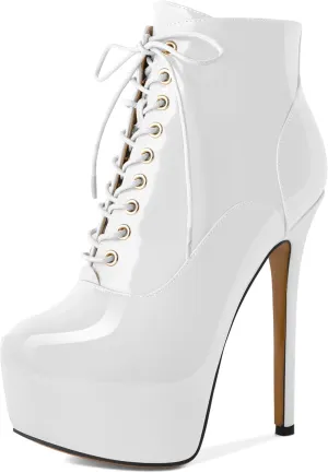 AUMOTED Women's Ankle Boots Platform Round Toe Combat Boots Stiletto High Heel Booties Sexy Fashion 6.3" Lace Up Zipper Warm Short Boots