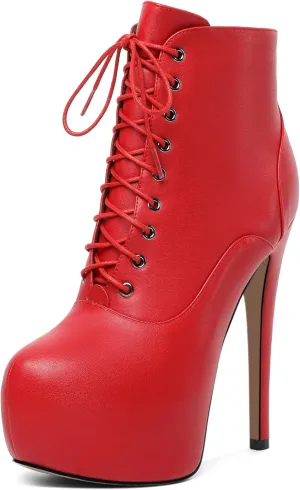AUMOTED Women's Ankle Boots Platform Round Toe Combat Boots Stiletto High Heel Booties Sexy Fashion 6.3" Lace Up Zipper Warm Short Boots