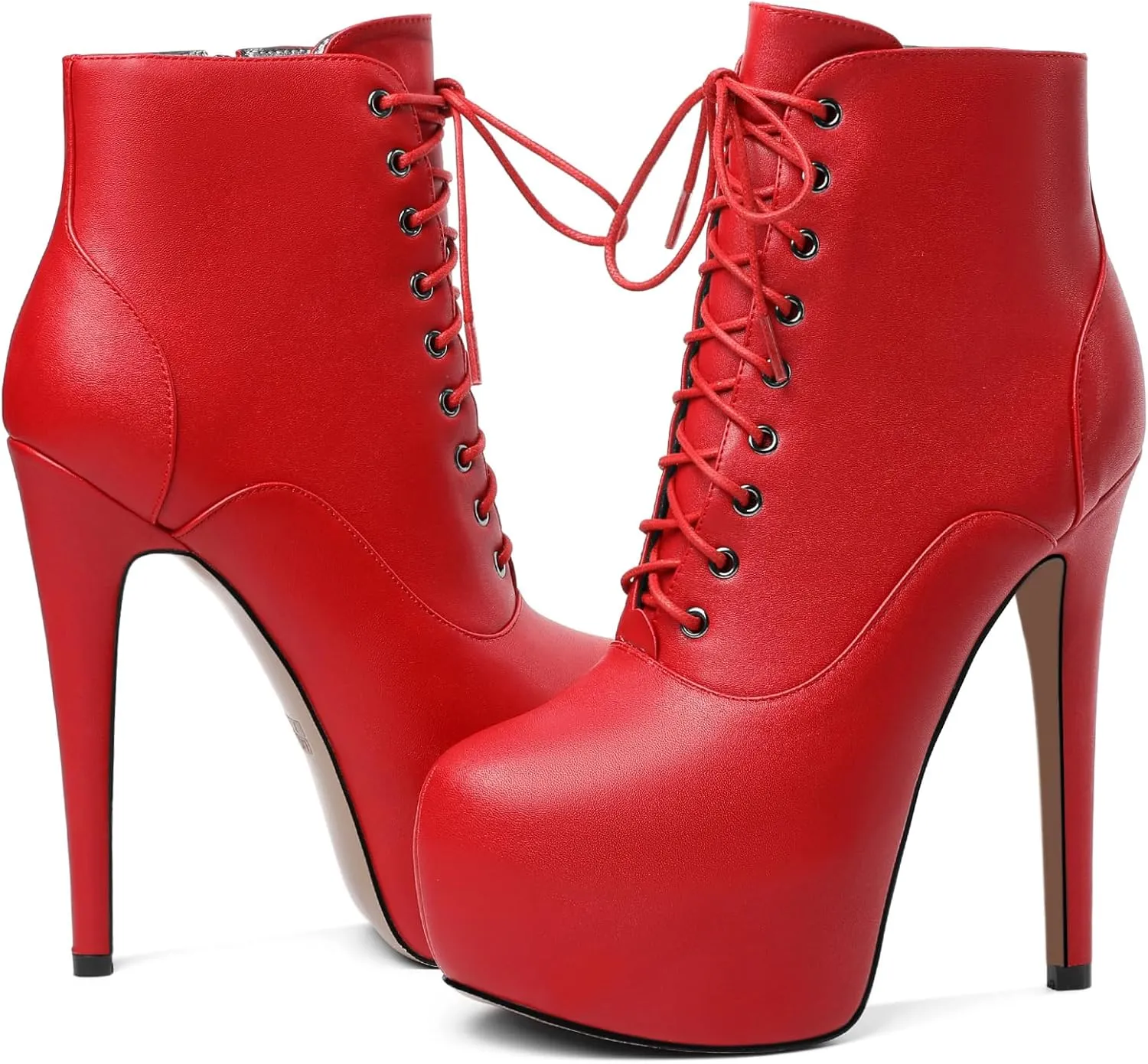 AUMOTED Women's Ankle Boots Platform Round Toe Combat Boots Stiletto High Heel Booties Sexy Fashion 6.3" Lace Up Zipper Warm Short Boots