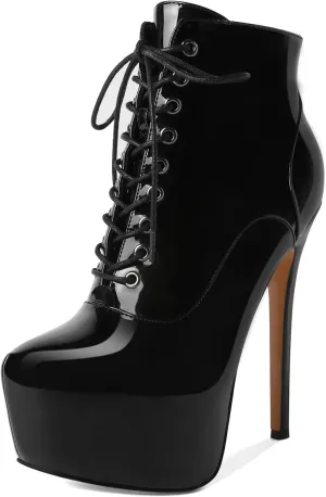 AUMOTED Women's Ankle Boots Platform Round Toe Combat Boots Stiletto High Heel Booties Sexy Fashion 6.3" Lace Up Zipper Warm Short Boots