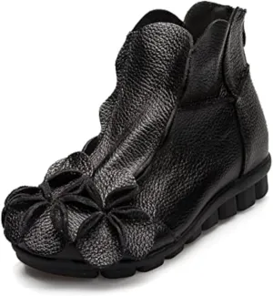 AUNTHUI Women's Leather Fleece Hand-Stitched Wedge Bohemian Flower Ankle Boots,Back Zipper Warm Non-Slip Retro Casual Shoes