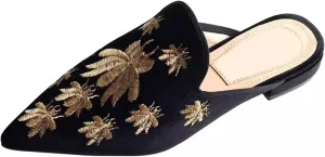 Axellion Comfortable Embroidered Mules for Women, Slip-on Backless Loafers with Pointed Toe, Stylish Flat Slides for Casual & Business Wear