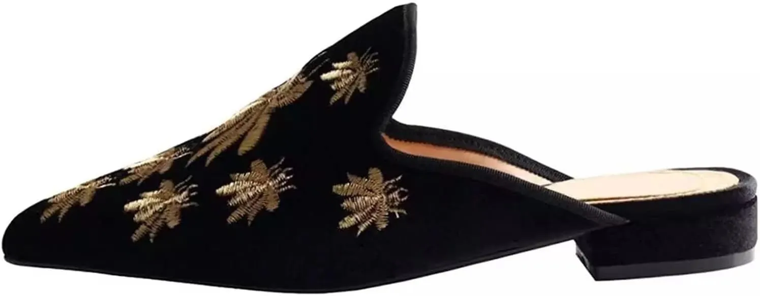 Axellion Comfortable Embroidered Mules for Women, Slip-on Backless Loafers with Pointed Toe, Stylish Flat Slides for Casual & Business Wear