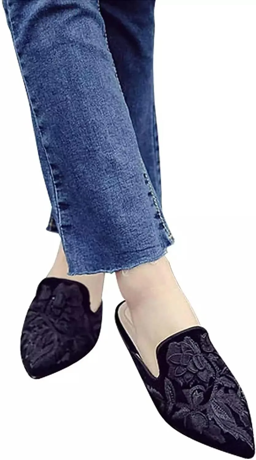 Axellion Comfortable Embroidered Mules for Women, Slip-on Backless Loafers with Pointed Toe, Stylish Flat Slides for Casual & Business Wear