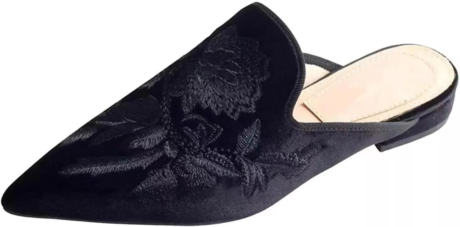 Axellion Comfortable Embroidered Mules for Women, Slip-on Backless Loafers with Pointed Toe, Stylish Flat Slides for Casual & Business Wear