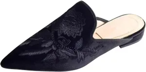 Axellion Comfortable Embroidered Mules for Women, Slip-on Backless Loafers with Pointed Toe, Stylish Flat Slides for Casual & Business Wear