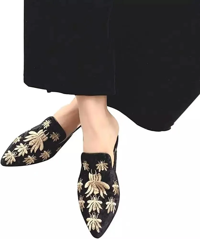 Axellion Comfortable Embroidered Mules for Women, Slip-on Backless Loafers with Pointed Toe, Stylish Flat Slides for Casual & Business Wear