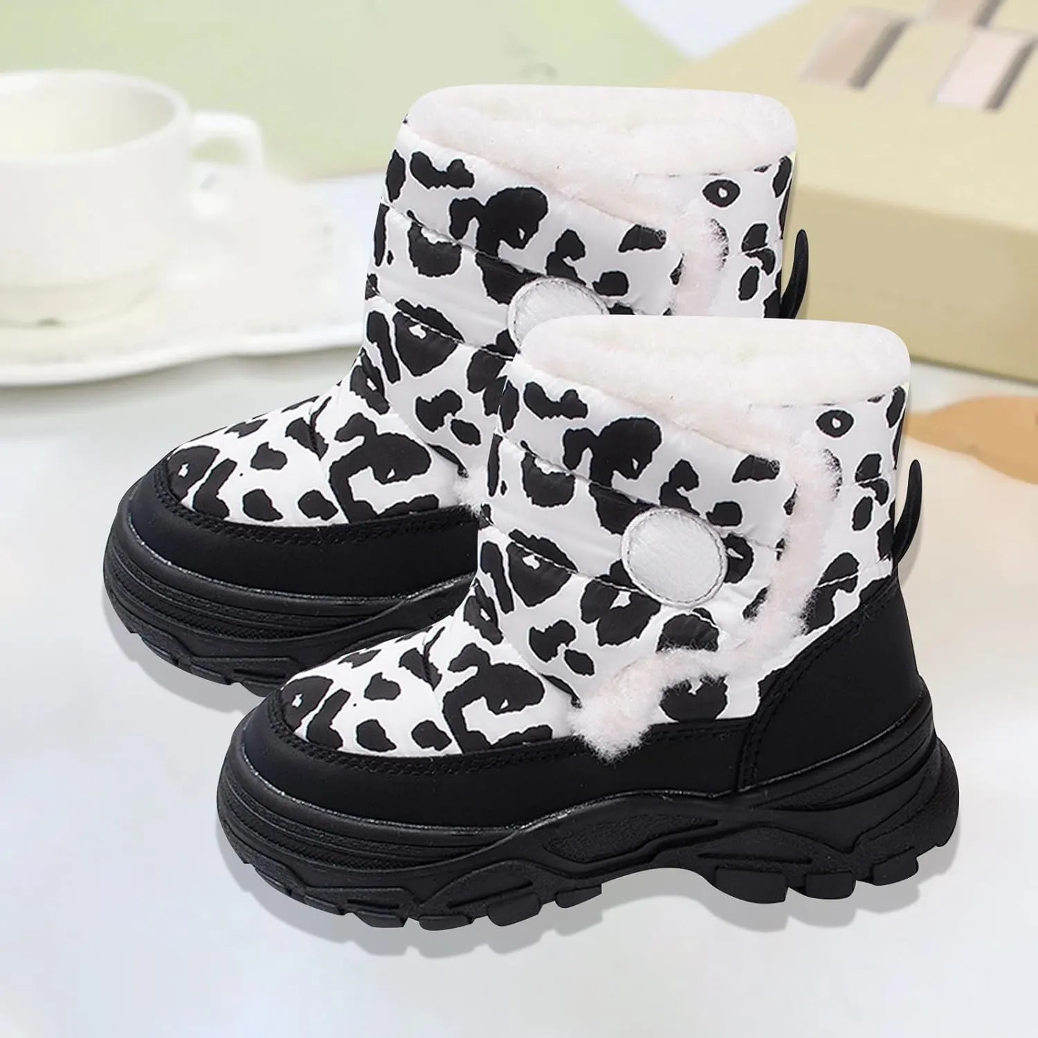 Baby Boys Girls Leopard Winter Warm Cozy Shoes Fleece Snow Boots Toddler Infant Non-Slip Faux F𝘂r Walking Booties