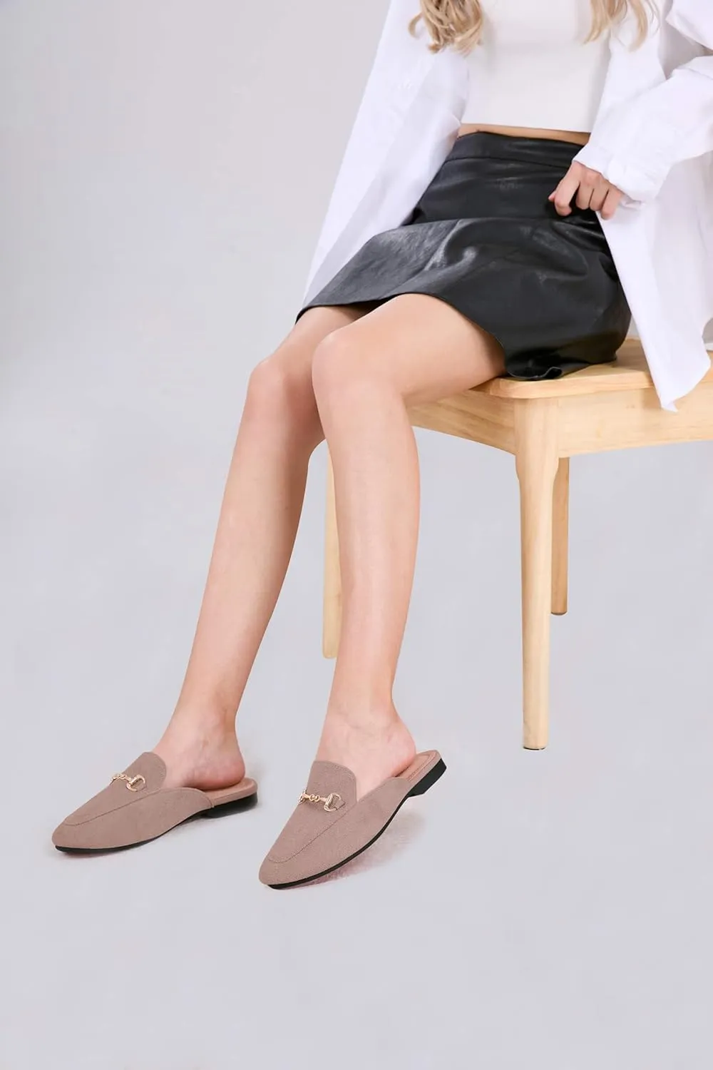 baobeijiadao Womens Closed Round Toe Mules Comfortable Buckle Flats Mules Slip On Backless Loafers for Women
