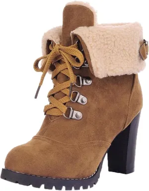 Bcshiye Women Winter Snow Boots Cold Weather with Fur Warm Outdoor Lace up Boots Chunky High Heel Ankle Booties Shoes