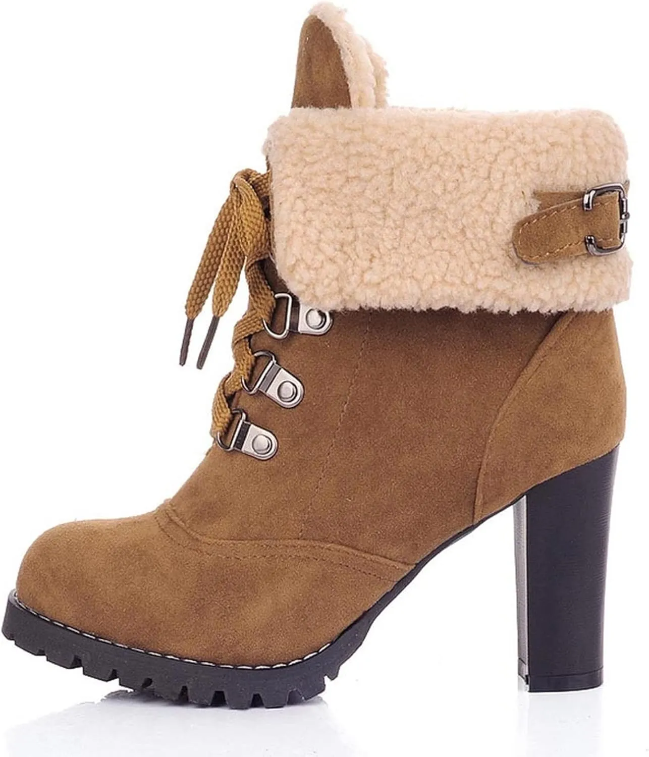 Bcshiye Women Winter Snow Boots Cold Weather with Fur Warm Outdoor Lace up Boots Chunky High Heel Ankle Booties Shoes