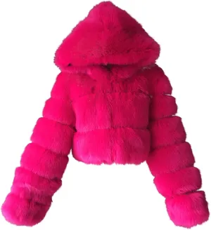 Bidobibo Faux Fur Coat Women with Hood Cropped Bubble Coats Fleece Short Warm Jackets Plus Size Winter Coats for Women