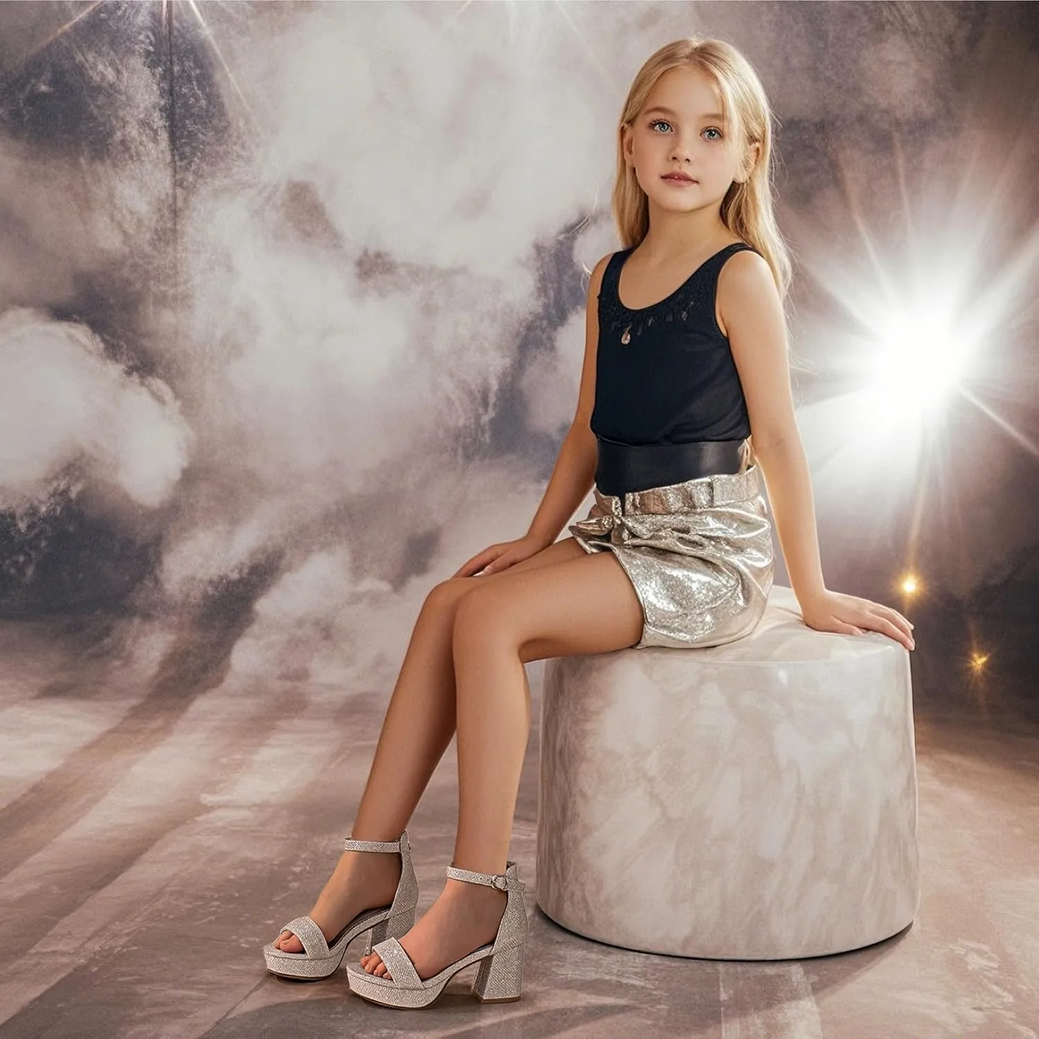 Big Girls High Heels Sandals Round Open Toe Kids Dress Shoes Pageant Flower Girl Shoes Wedding Party Ankle Strap Pumps for Little Big Kids