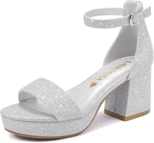Big Girls High Heels Sandals Round Open Toe Kids Dress Shoes Pageant Flower Girl Shoes Wedding Party Ankle Strap Pumps for Little Big Kids
