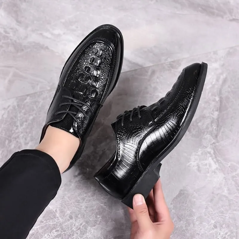 Black Crocodile Pattern Height Increase Shoes, Luxury Men's Business Shoes, Comfortable PU Leather Dress for Men, Fashionable Slip-On Loafers Footwear