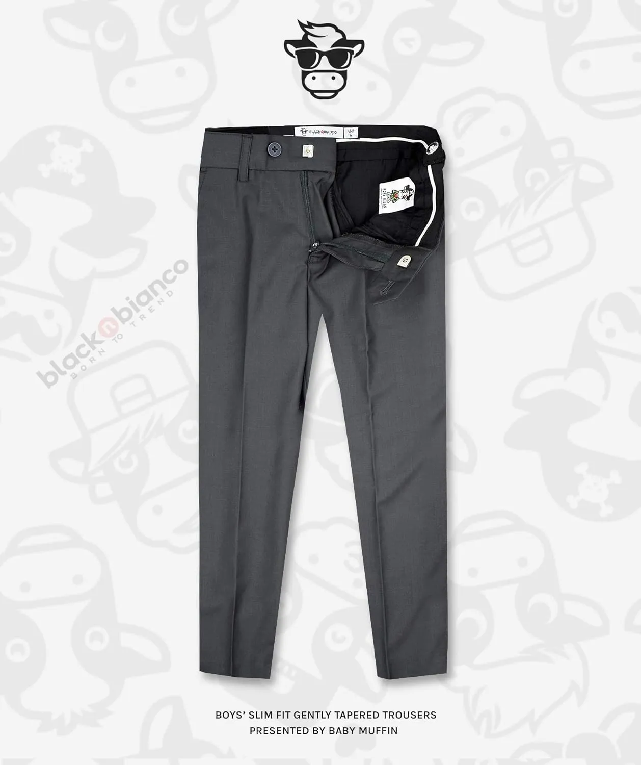 Black n Bianco Boys' First Class Slim Fit Trousers Dress Pants Gently Tapered Flat Front - Presented by Baby Muffin