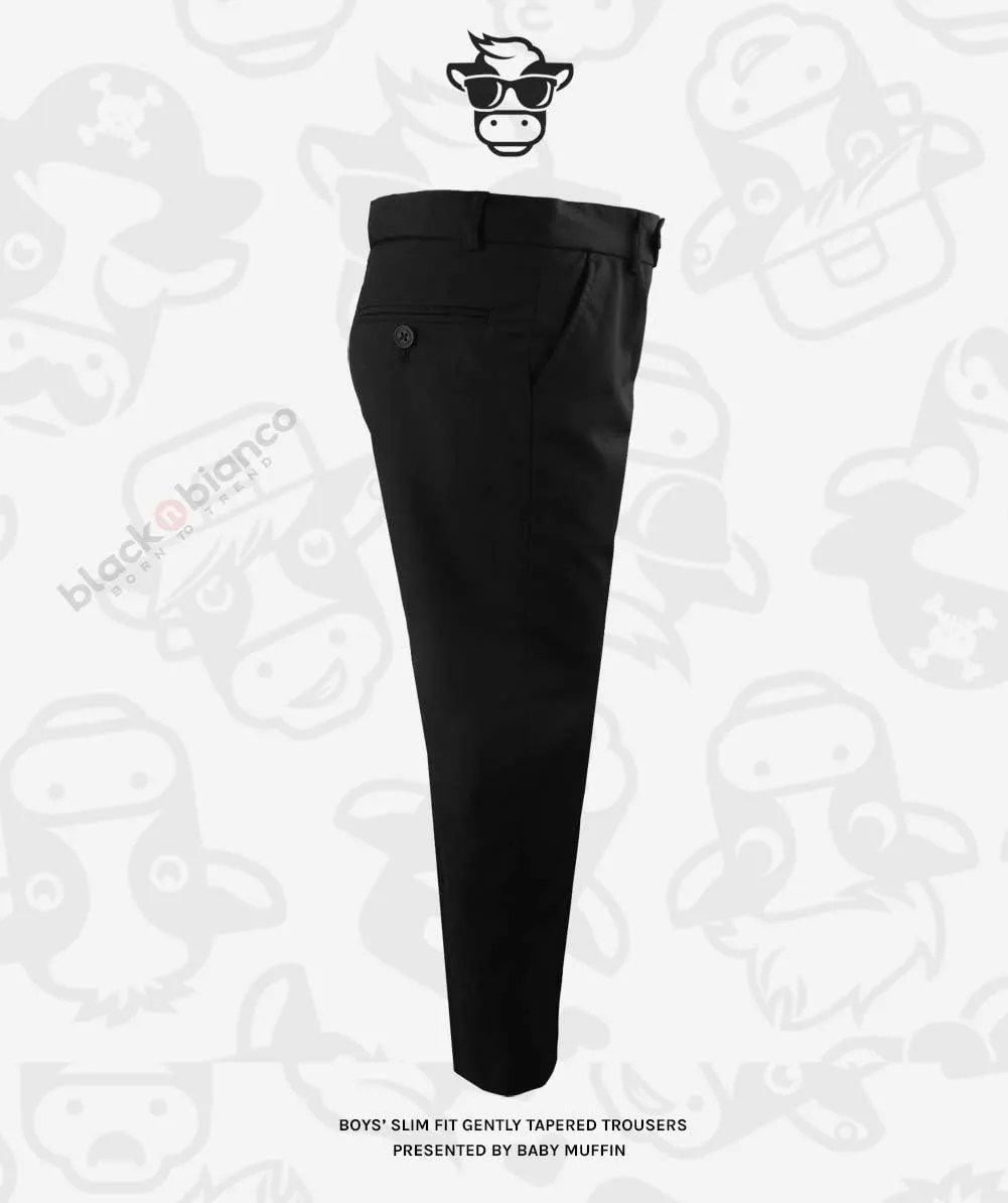 Black n Bianco Boys' First Class Slim Fit Trousers Dress Pants Gently Tapered Flat Front - Presented by Baby Muffin