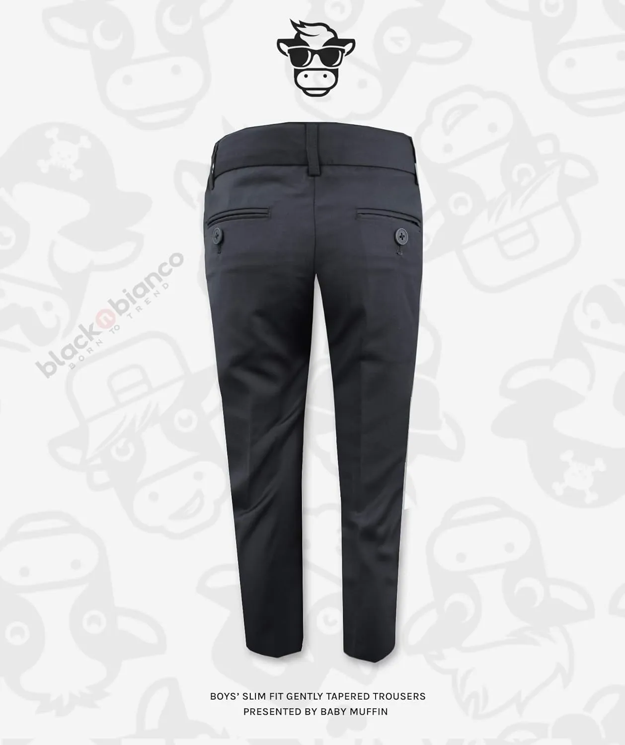 Black n Bianco Boys' First Class Slim Fit Trousers Dress Pants Gently Tapered Flat Front - Presented by Baby Muffin