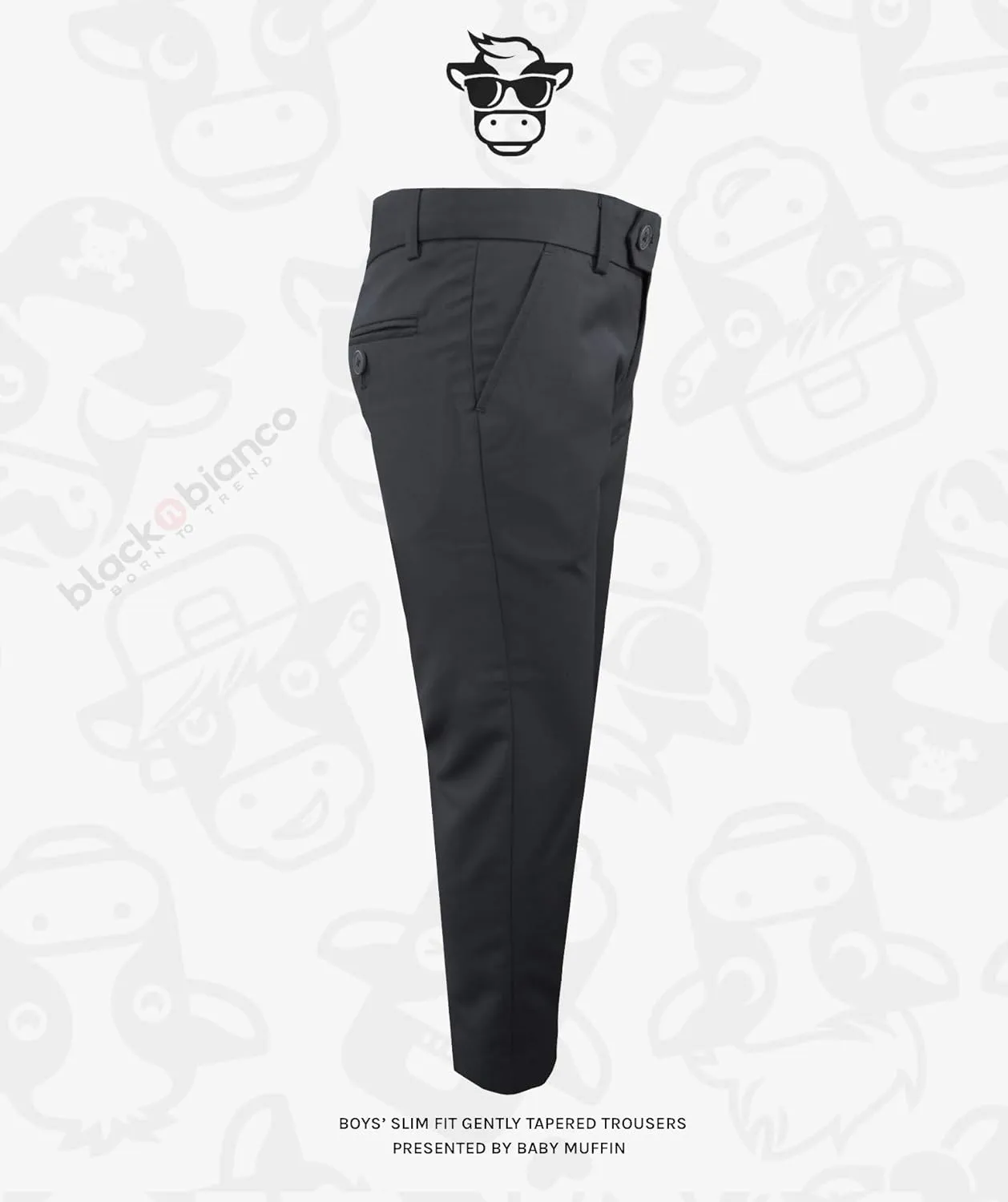 Black n Bianco Boys' First Class Slim Fit Trousers Dress Pants Gently Tapered Flat Front - Presented by Baby Muffin
