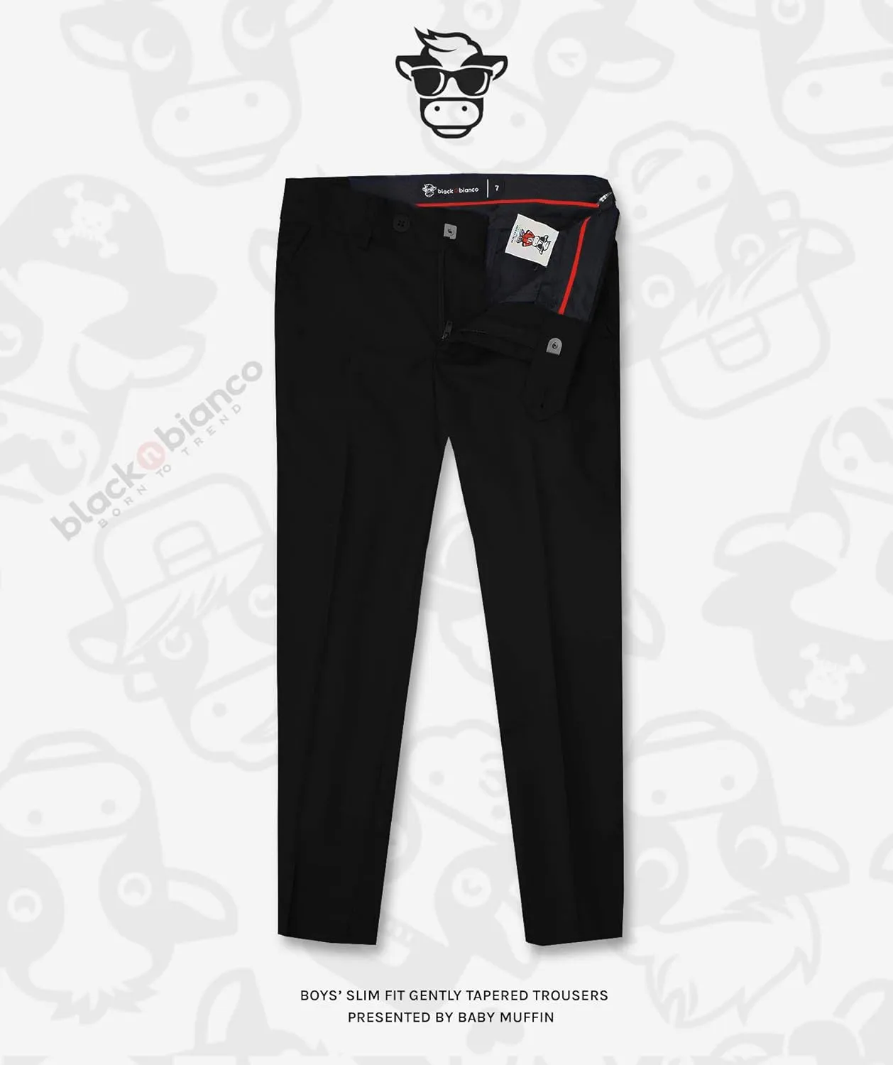 Black n Bianco Boys' First Class Slim Fit Trousers Dress Pants Gently Tapered Flat Front - Presented by Baby Muffin