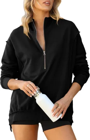 BLENCOT Womens Oversized Sweatshirt Half Zip Fleece Pullover Long Sleeve Fall Side Slit Tops