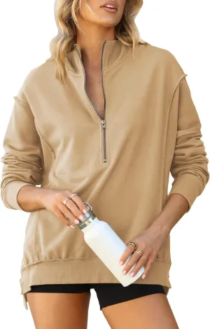 BLENCOT Womens Oversized Sweatshirt Half Zip Fleece Pullover Long Sleeve Fall Side Slit Tops