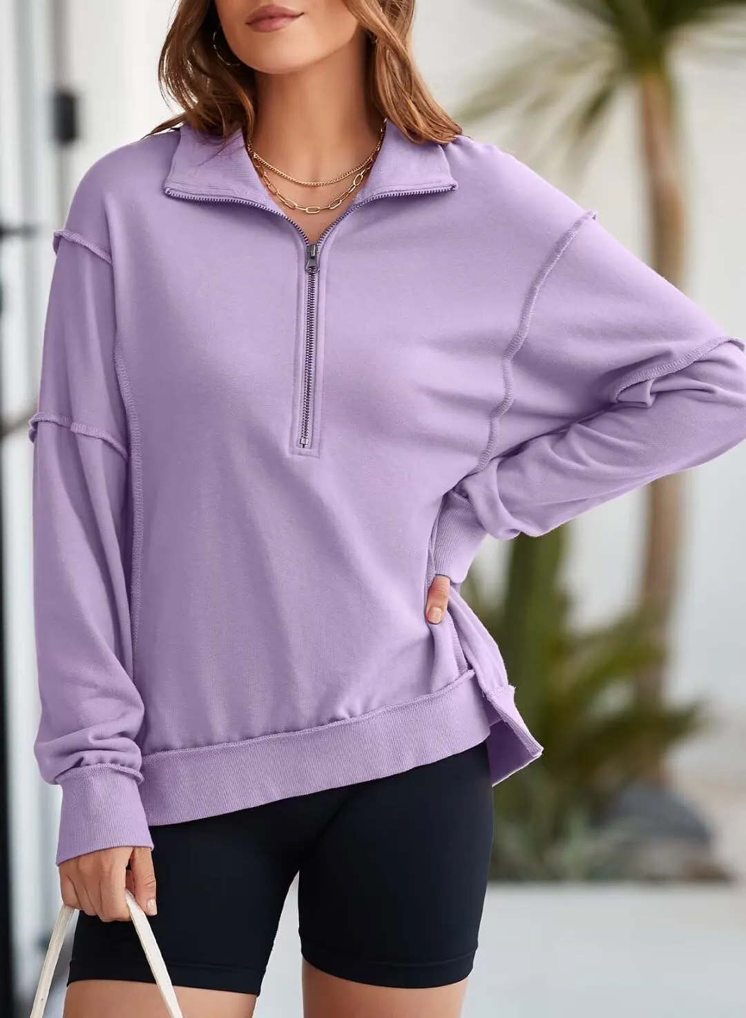 BLENCOT Womens Oversized Sweatshirt Half Zip Fleece Pullover Long Sleeve Fall Side Slit Tops