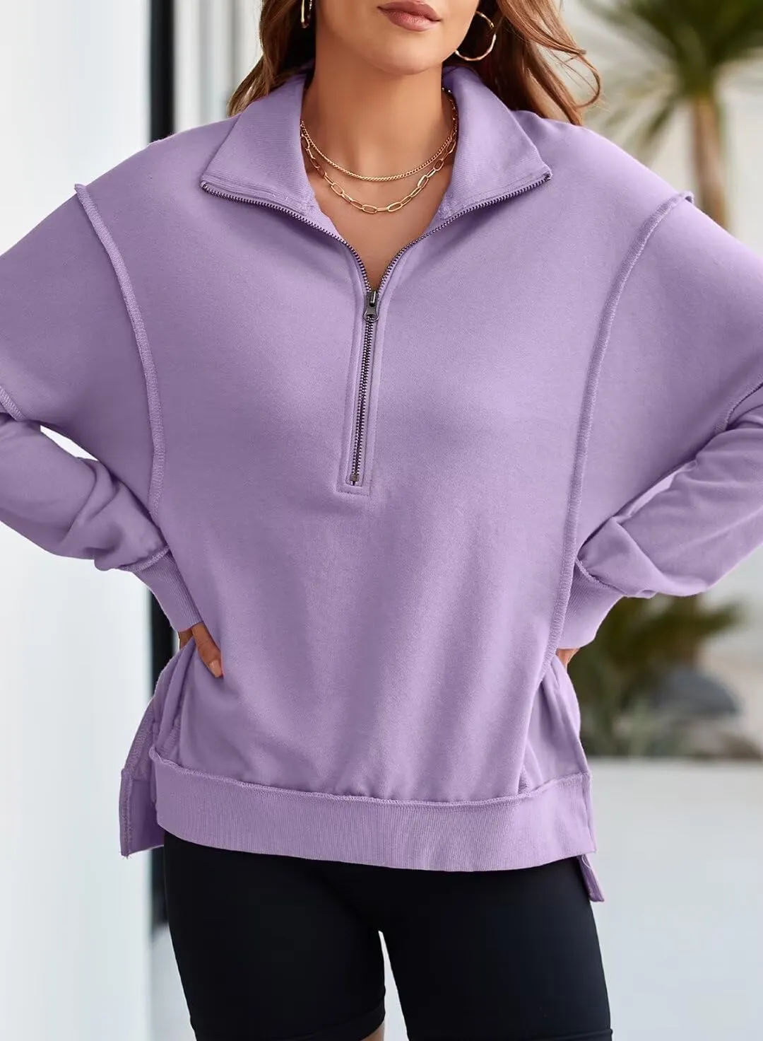 BLENCOT Womens Oversized Sweatshirt Half Zip Fleece Pullover Long Sleeve Fall Side Slit Tops