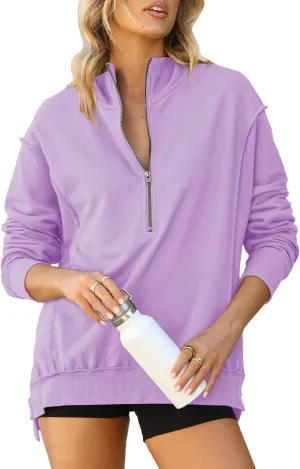 BLENCOT Womens Oversized Sweatshirt Half Zip Fleece Pullover Long Sleeve Fall Side Slit Tops