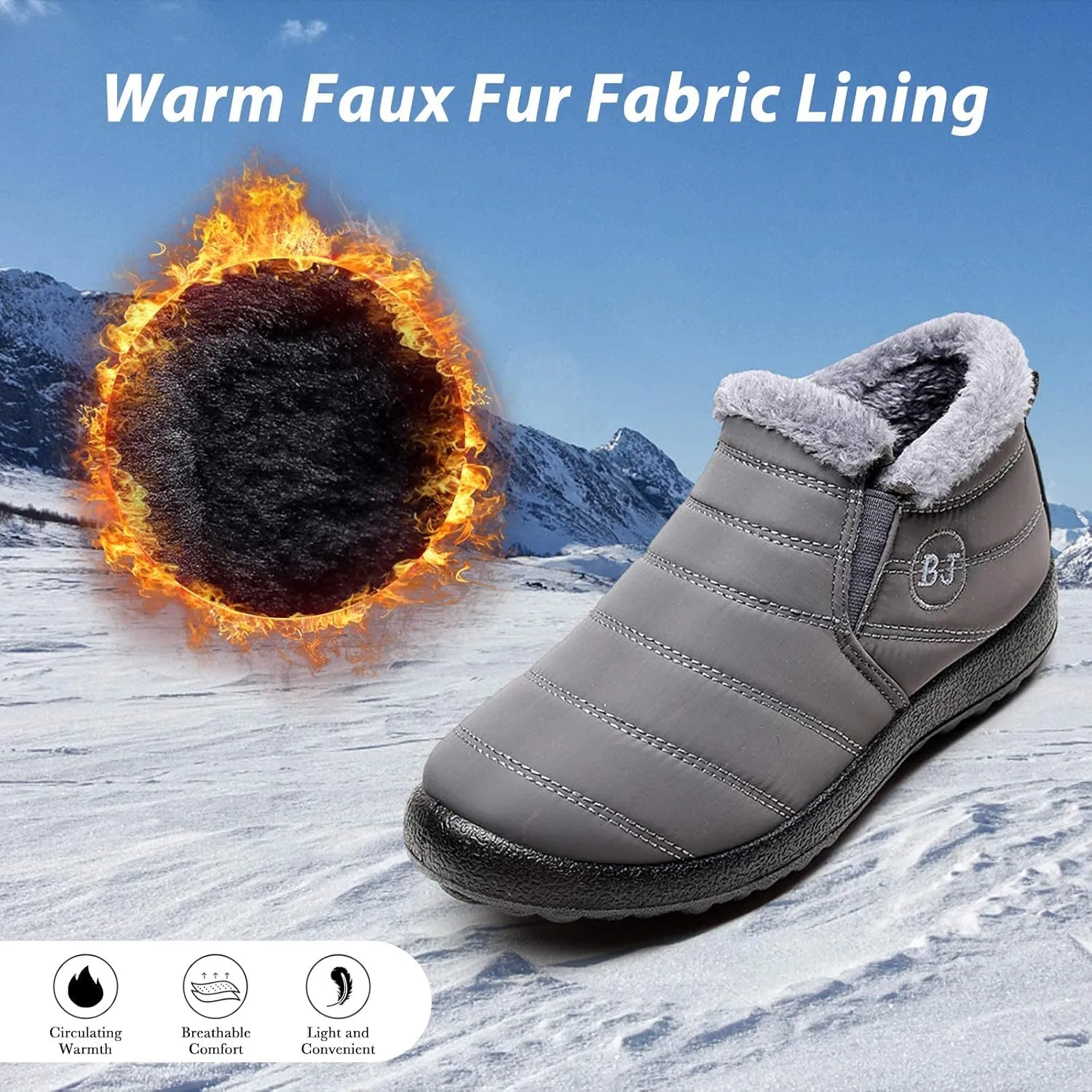 Boojoy Winter Boots, Winter Warm Anti-slip Ankle Booties, Waterproof Slip on Outdoor Fur Lined Snow Shoes for Womens
