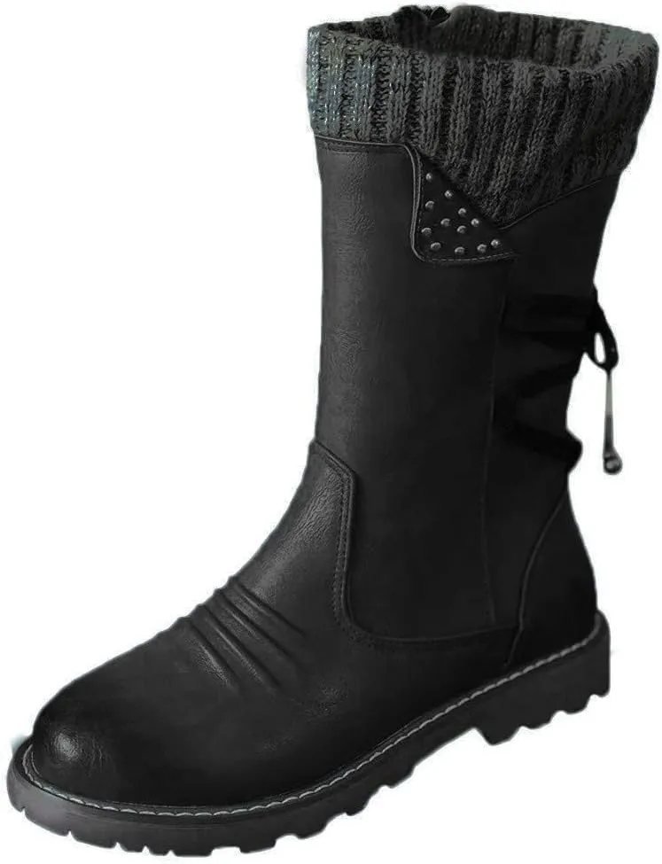Boots for Women Trendy Winter Mid Calf Side Zip Low Heel Western Platform Hiking Booties Warm Non Slip Outdoor Shoes