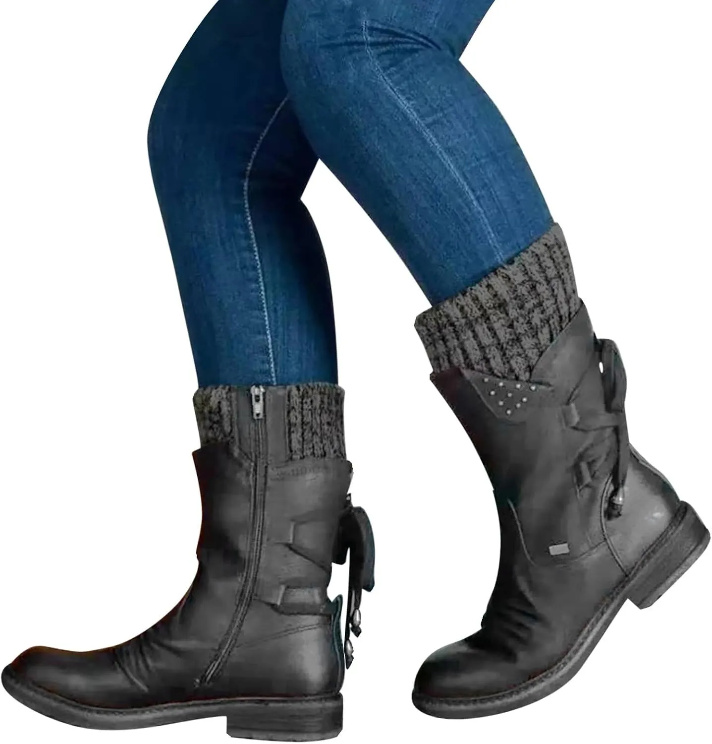 Boots for Women Trendy Winter Mid Calf Side Zip Low Heel Western Platform Hiking Booties Warm Non Slip Outdoor Shoes