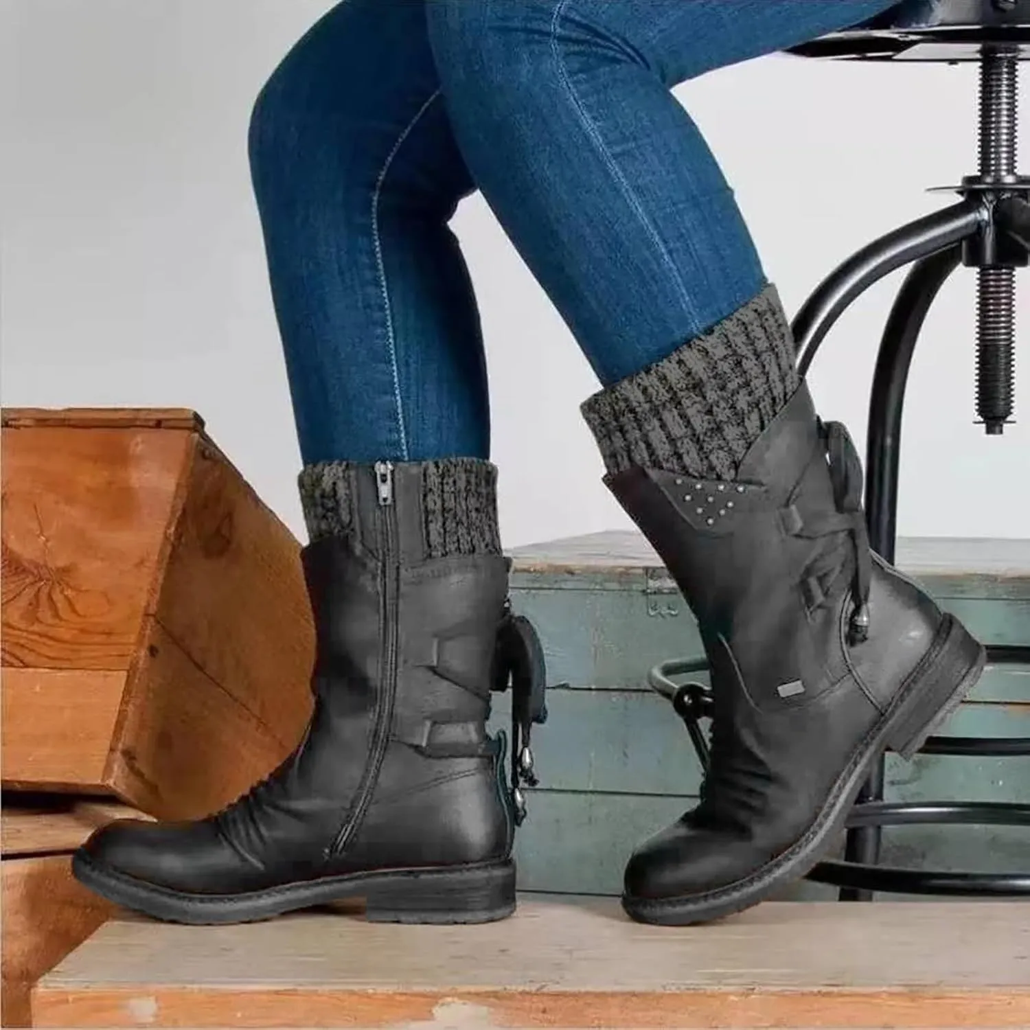 Boots for Women Trendy Winter Mid Calf Side Zip Low Heel Western Platform Hiking Booties Warm Non Slip Outdoor Shoes