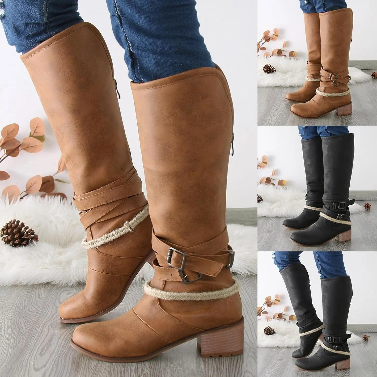 Boots for Women,Over The Knee Boots Combat Style Hiking Boots Motorcycle Boots Classic Lace Up Low Heel Shoes Retro Shoes