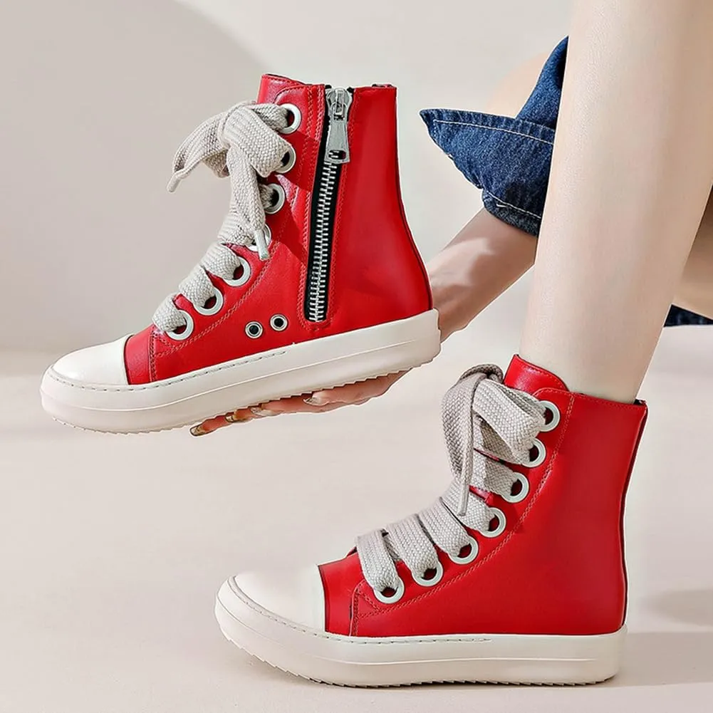 Boys Girls High Top Sneakers PU Leather Lace Up Platform Walking Shoes with Zipper