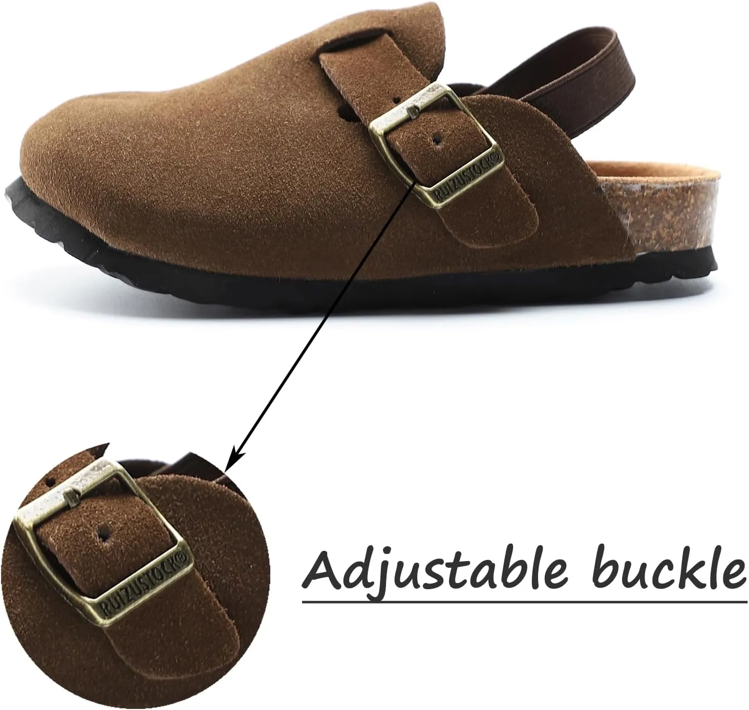 Boys Girls Suede Clogs Unisex Toddler Slip-on Slippers Kids Outdoor Indoor Flat Shoes Classic Cork Adjustable Buckle Mules Cute Sandals