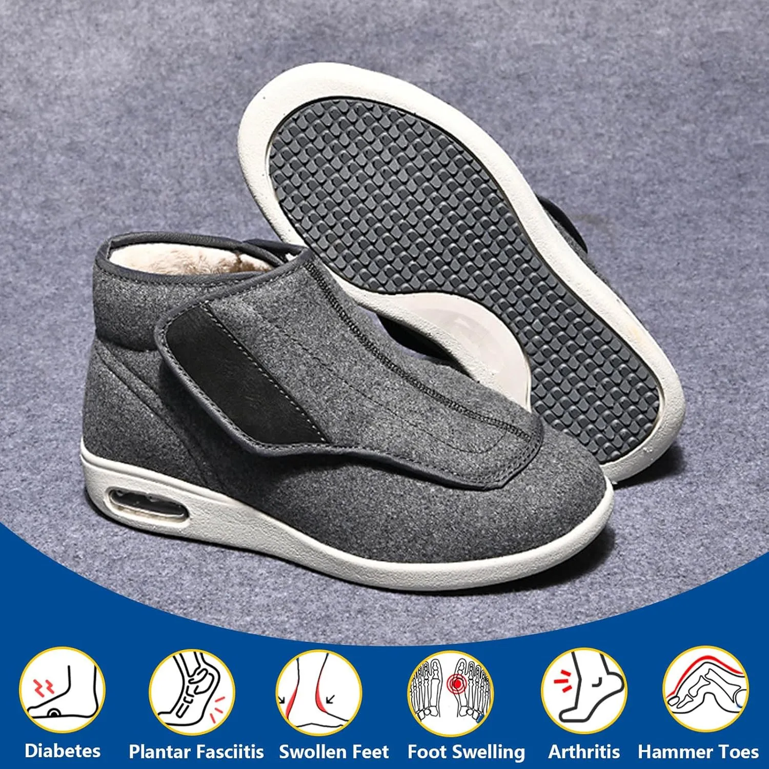 bumuam Walking Adjustable Diabetic Shoes, Men's Diabetic Winter Warm Fleece Shoes Non-Slip Round Toe Adjustable Wide Memory Form Arthritis Swollen Boots