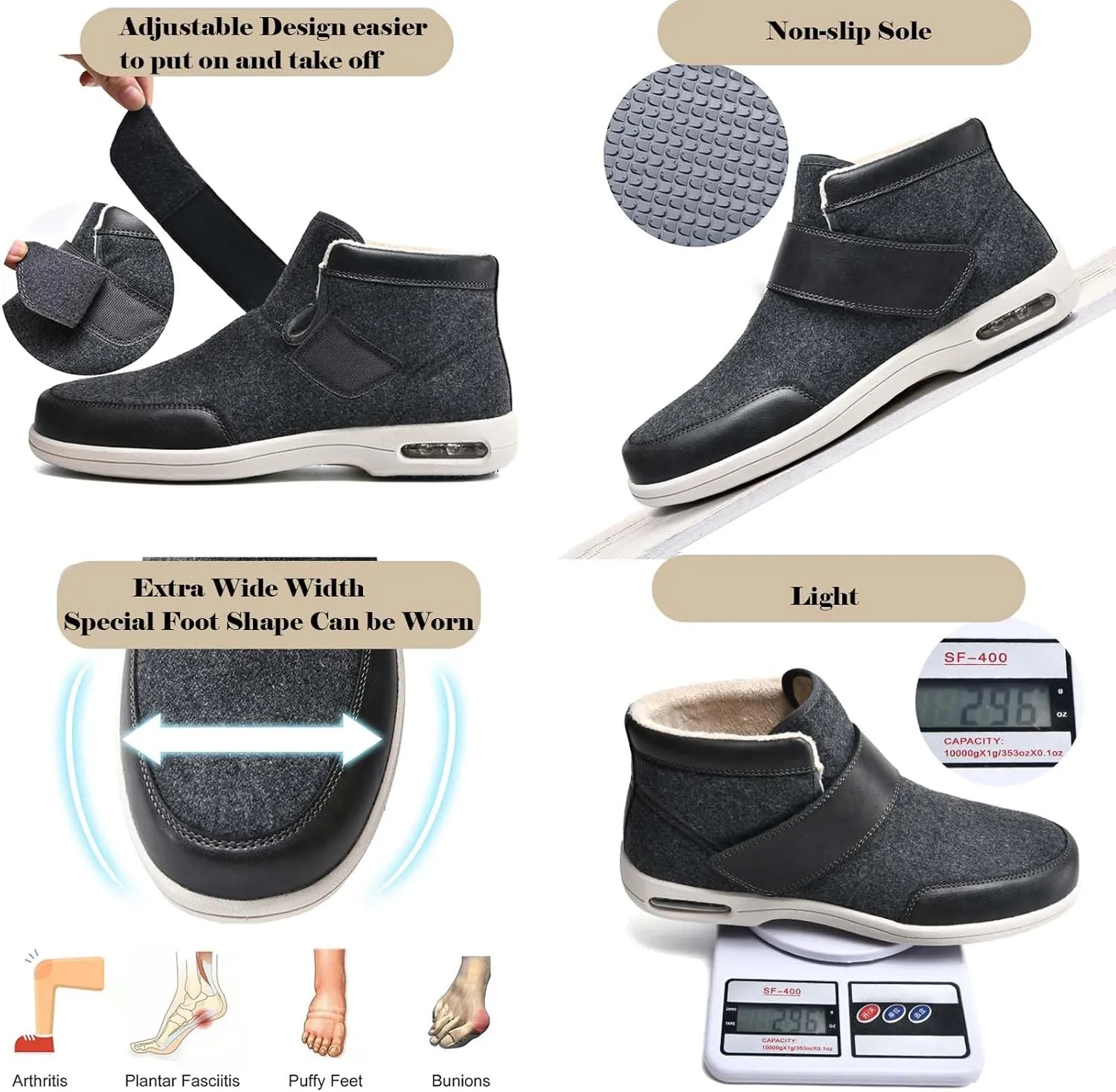 bumuam Women Slip On Shoes with Arch Support,Mens Warm Wide Diabetic Shoes, Adjustable Closures Walking Boots for Elderly Swollen Feet, Diabetic & Edema